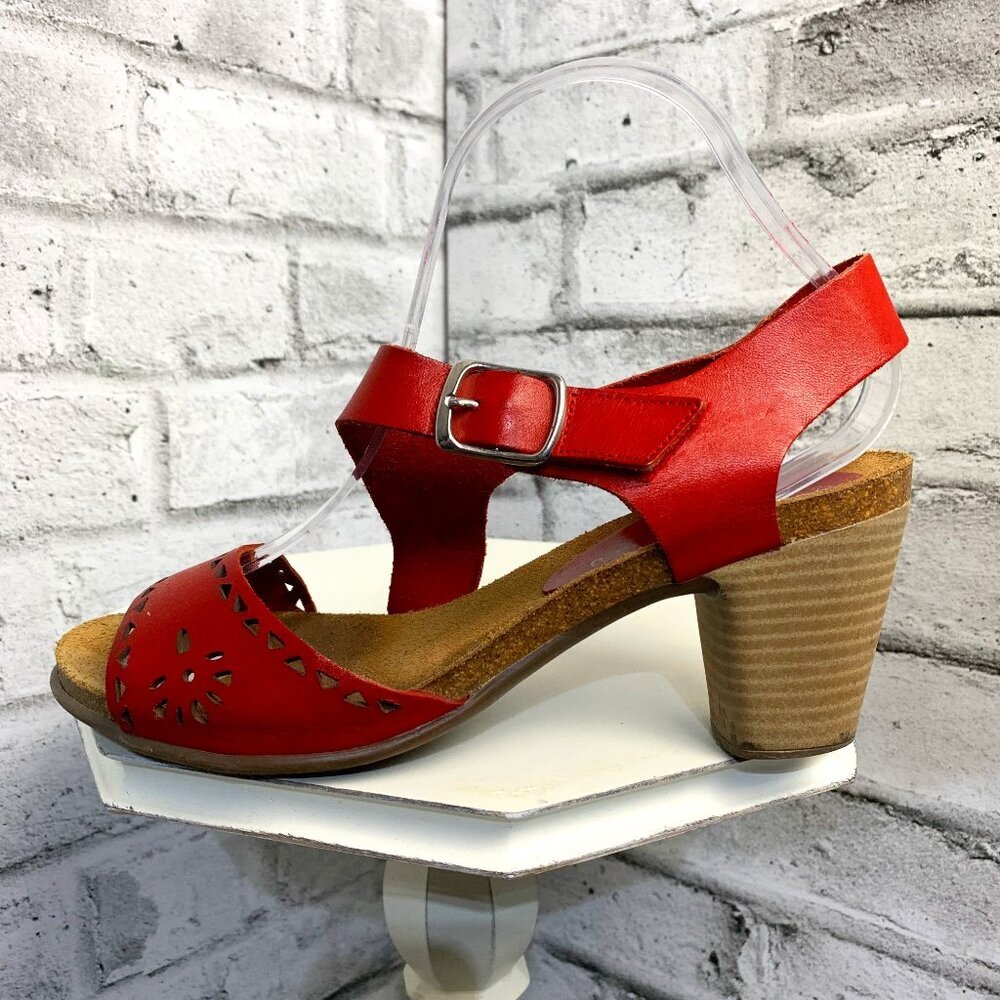 Red Leather Block Heel Sandal with Buckle